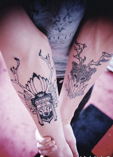 手臂印度狼酋长动物头骨纹身图案