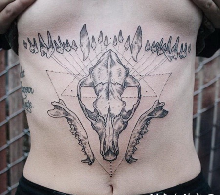 腹部雕刻式黑白各种动物骨骼纹身图案