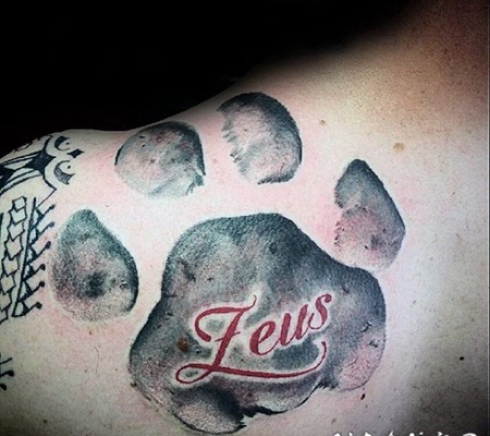 纪念式的彩色动物爪印和字母背部纹身图案