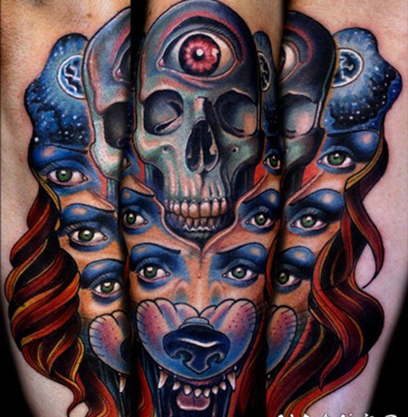 new school神秘半人半兽与骷髅纹身图案
