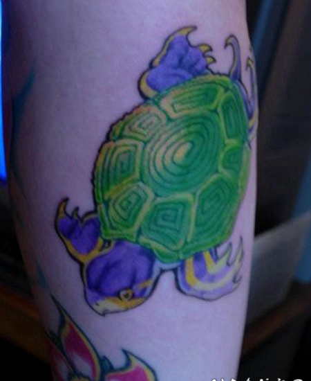 小腿彩色的海龟个性纹身图案