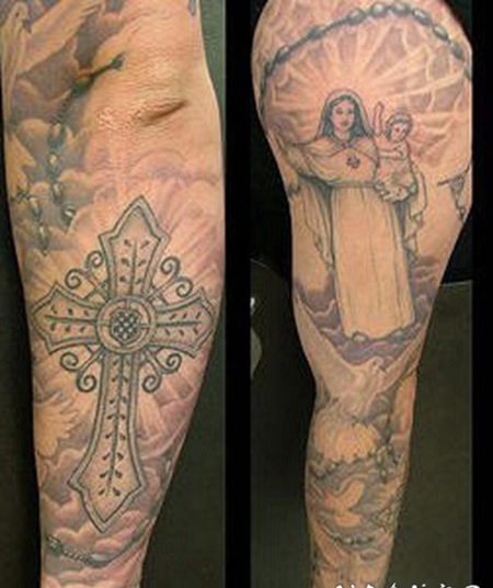 圣母与十字架鸽子纹身图案