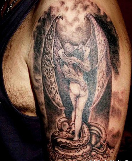 手臂堕落的天使和蛇艺术纹身图案