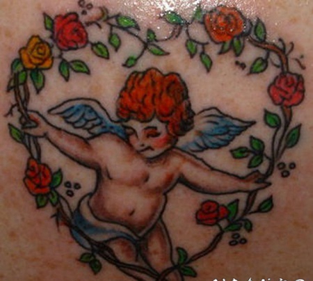 心形的玫瑰和天使彩色纹身图案