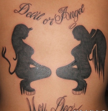 魔鬼与天使的剪影黑色纹身图案
