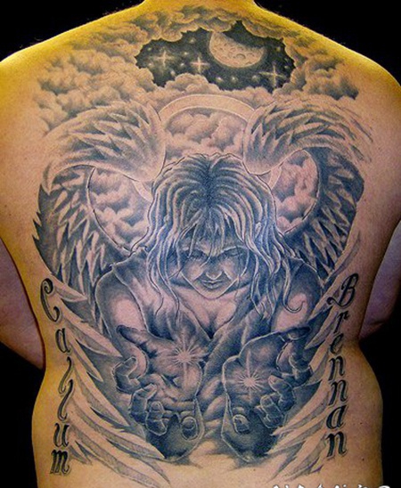 满背天使和天堂纹身图案