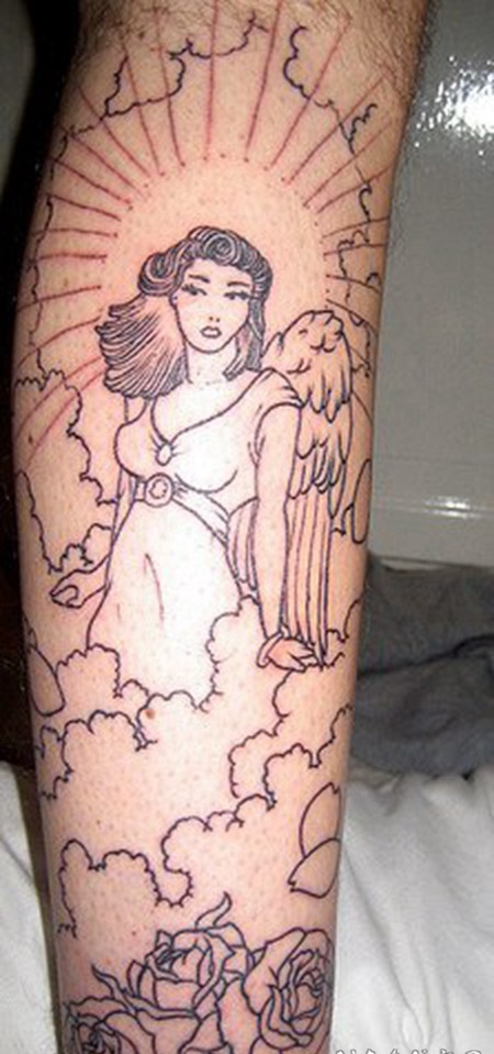 小腿美丽的天使女孩云朵纹身图案