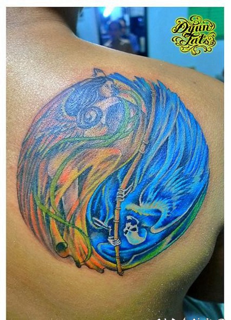 彩色的天使和死神阴阳八卦符号纹身图案