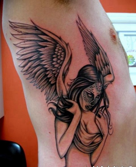 男性侧肋死亡女天使纹身图案