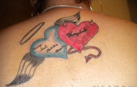 心形天使和恶魔彩色纹身图案