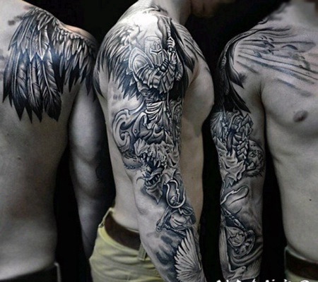 手臂黑白幻想天使战士与龙和鸽子纹身图案