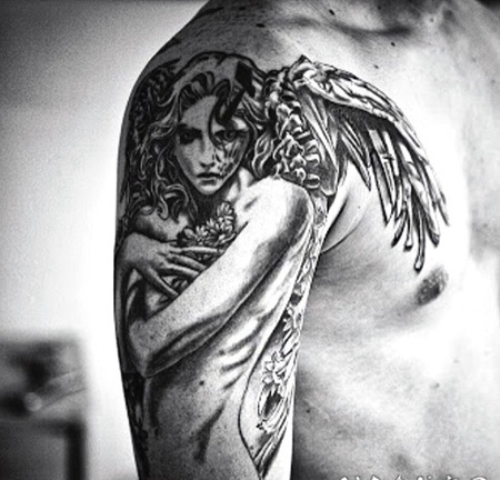 手臂美丽的悲伤天使纹身图案