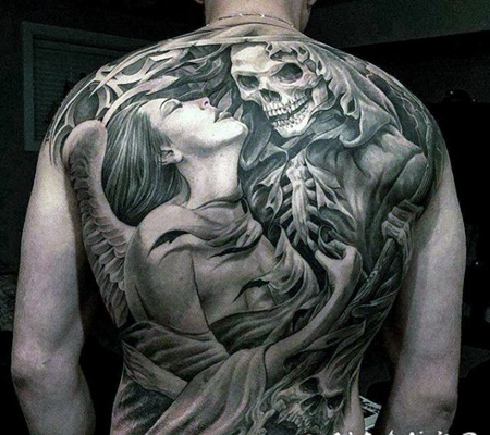 神秘的黑白天使与死神满背纹身图案