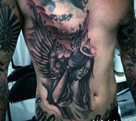 old school黑白天使女孩腹部纹身图案