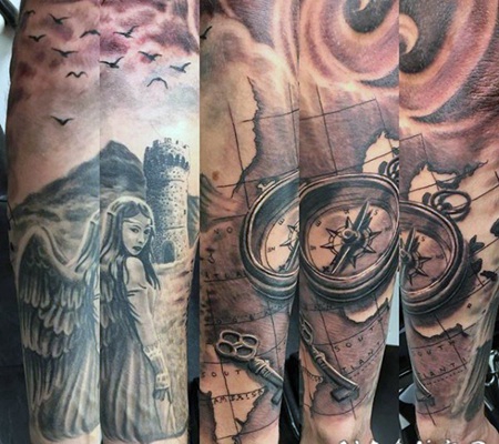 手臂幻想航海指南针地图和天使纹身图案