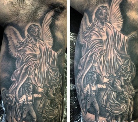 手臂黑色的天使和一群玩耍的小孩子纹身图案