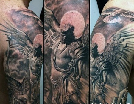 惊人的黑白天使战士与鸽子手臂纹身图案