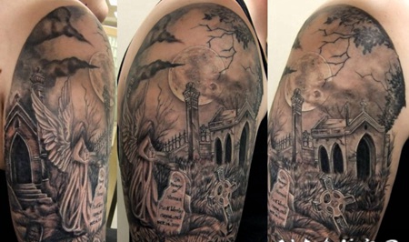手臂华丽的黑暗墓地与天使和月亮纹身图案