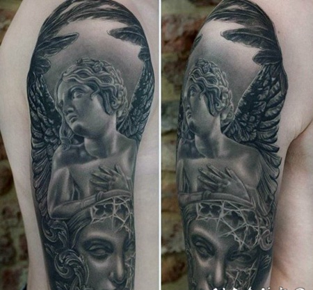手臂黑色天使与神秘的肖像纹身图案