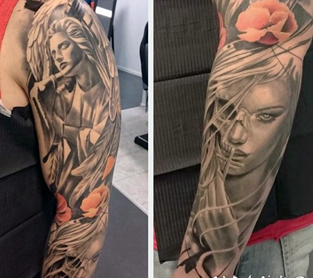 手臂彩色野花和黑白天使雕像纹身图案