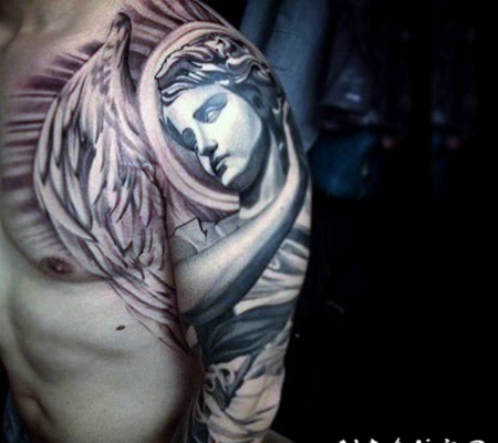 华丽的黑白天使雕像手臂纹身图案