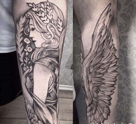 手臂非常漂亮的天使女人纹身图案