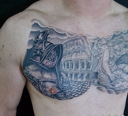 胸部古罗马的角斗士竞技场和天使纹身图案