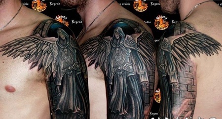 梦幻风格的黑色天使战士手臂纹身图案