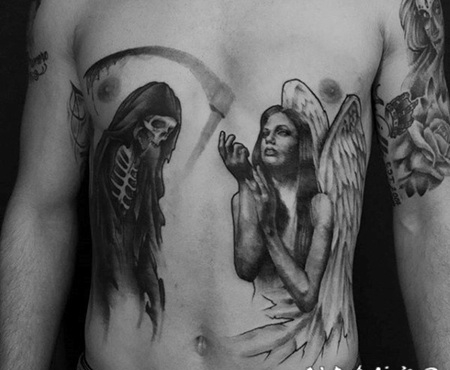 腹部神秘的黑色祈祷天使和死神纹身图案