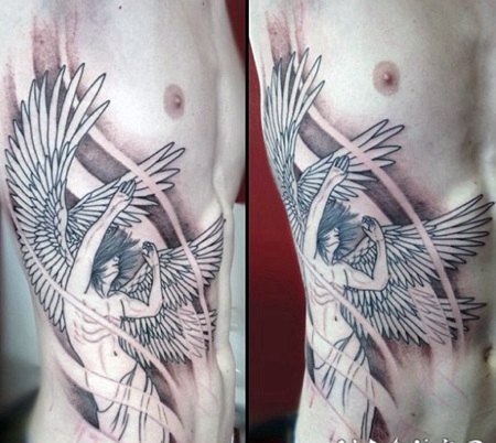 侧肋简约的黑色线条小天使纹身图案