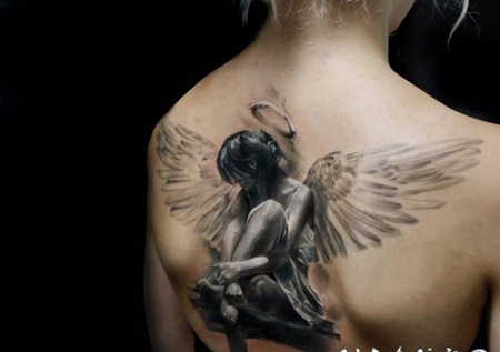 背部3D惊艳的诱惑天使女人纹身图案