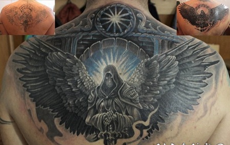 彩色幻想风格的天使战士背部纹身图案