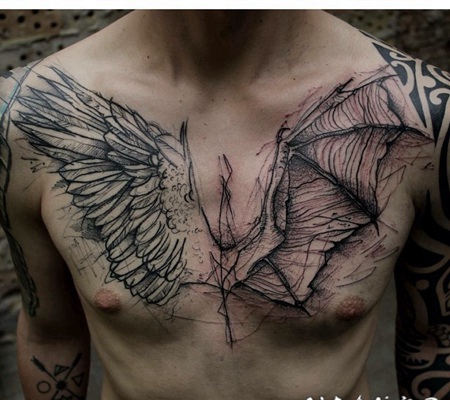 雕刻风格黑色的天使和恶魔翅膀纹身图案