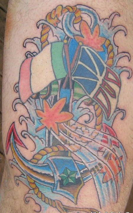 彩色的旗帜和枫叶船锚纹身图案