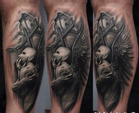 小腿壮观的魔鬼天使和教堂纹身图案