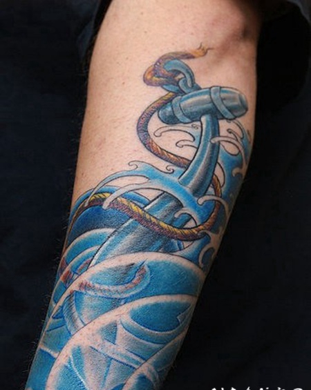 美丽的海浪和船锚手臂纹身图案