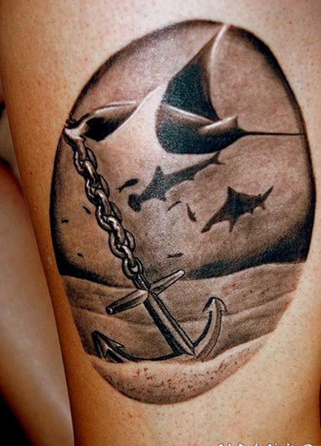 海底船锚和各种鱼纹身图案