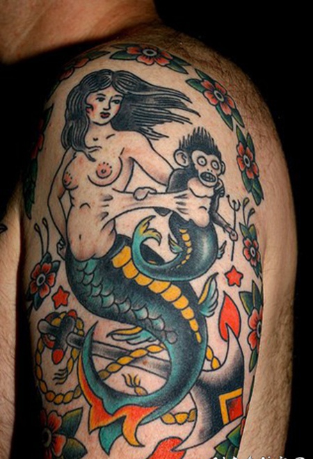old school美人鱼和猴子美人鱼彩色纹身图案