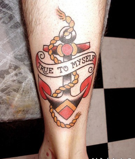 小腿船锚和英文字母彩绘纹身图案