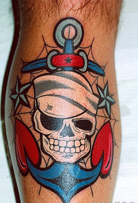 old school小腿骷髅和船锚彩色纹身图案