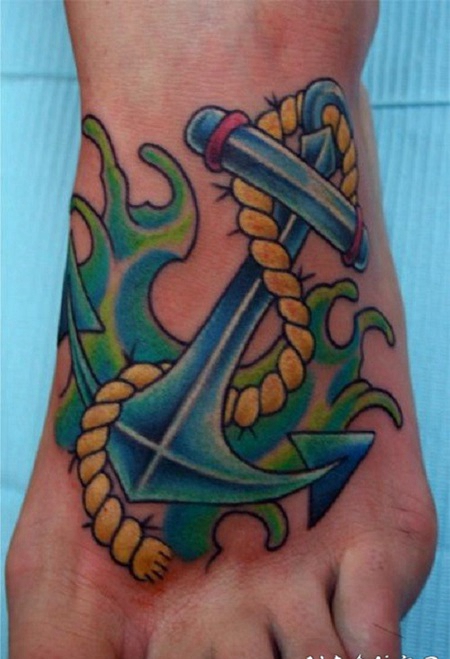 脚背彩色的航海传统船锚纹身图案