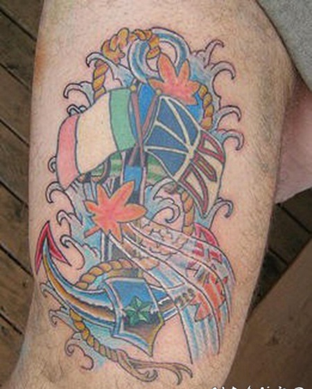 大腿爱尔兰和苏格兰海军彩色纹身图案