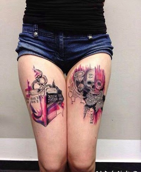 大腿水彩船锚与骷髅纹身图案