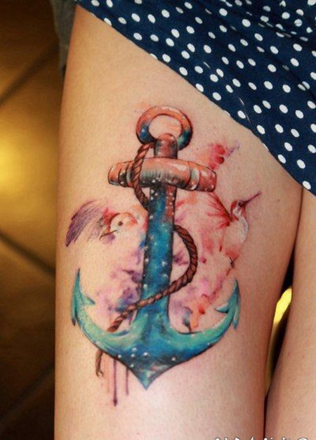 腿部水彩画风格船锚和海鸥纹身图案