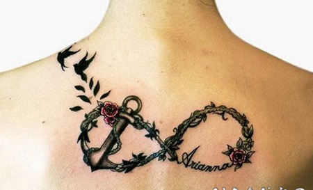 玫瑰船锚和藤蔓无限符号背部纹身图案