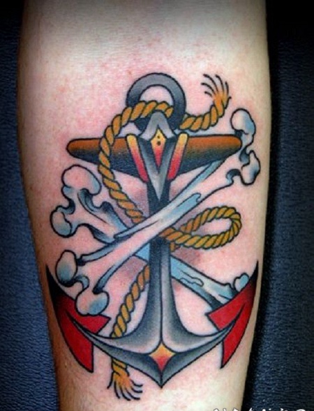 传统的船锚和骨头彩色纹身图案