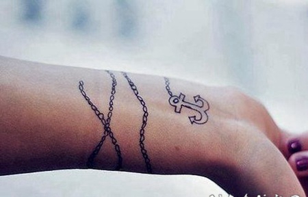 手腕黑白船锚和手链纹身图案