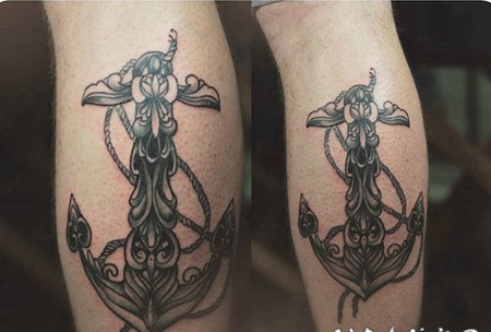 小腿观赏的船锚纹身图案