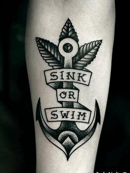 黑色点刺船锚字母手臂纹身图案