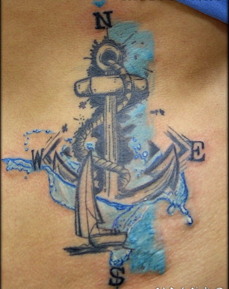 很酷的蓝色指南针船锚腹部纹身图案